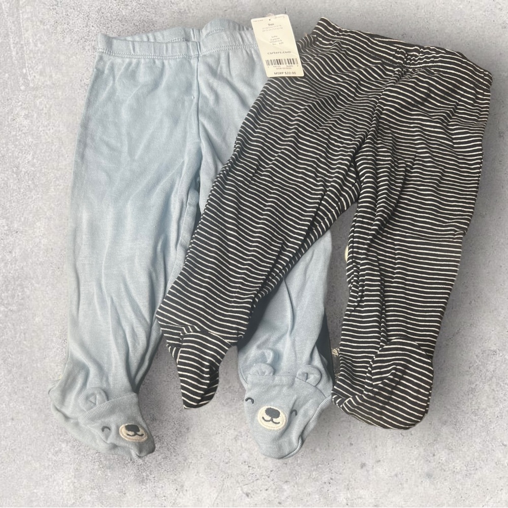 Carter’s Baby 2-Pack Organic Cotton Footed Pants-Stripes & Bear | 9 months, NWT